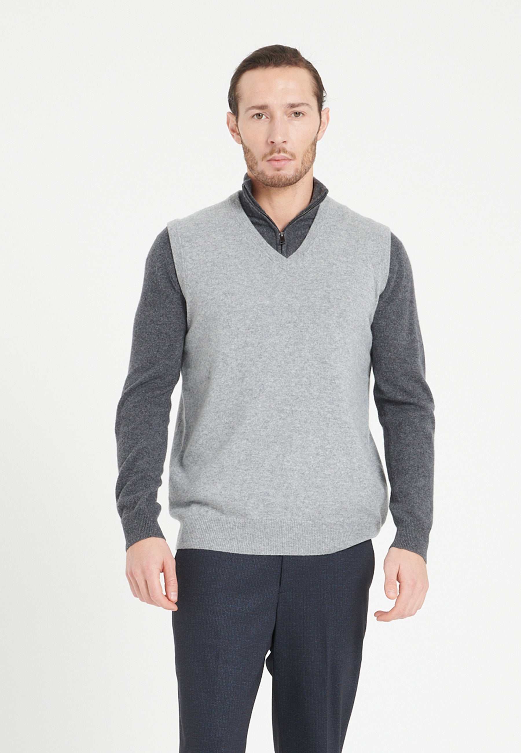 Men's Sleeveless Cashmere V-Neck Vest – Light Grey | LUKE 9