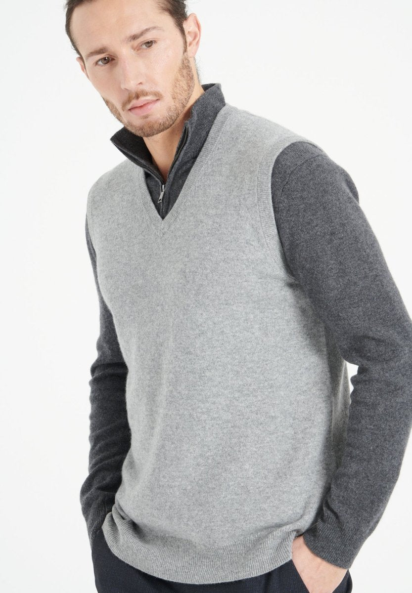 Men's Sleeveless Cashmere V-Neck Vest – Light Grey | LUKE 9